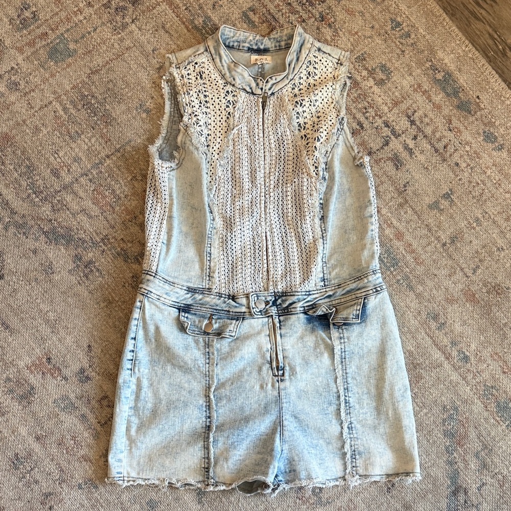 Last Chance Pol Light Blue Denim Romper With Lace Detail